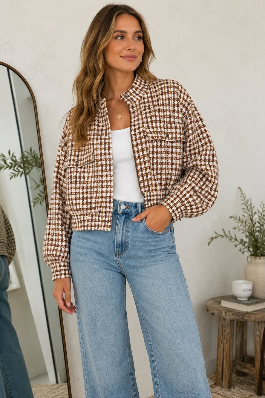 Marled Inca Plaid Cropped Jacket XL Brown Cream Houndstooth Shacket Oversized